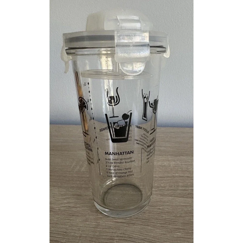 Glasslock Shaker Glass Cocktail Mixer With Drink Recipes & Measurements 2-10 Oz